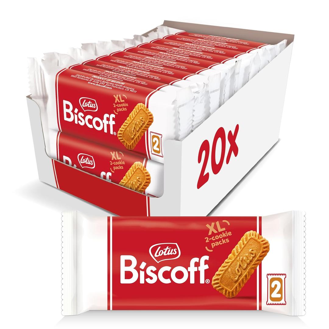 Lotus Biscoff Cookies, Caramelized Biscuit Cookie Snack, Dispenser Box (20 sleeves of 2 extra large cookies) Vegan, 0.9 Ounce (Pack of 20), BB 04 MAY 2026