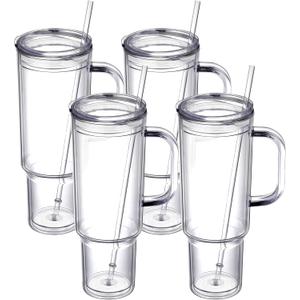 40 OZ PLASTIC TUMBLER WITH HANDLE AND STRAW LID, CLEAR TUMBLER, DOUBLE-WALL VACUUM REUSABLE PLASTIC WATER BOTTLE, TRAVEL MUG CUP, CLASSIC ACRYLIC TUMBLERS (4 PACK)