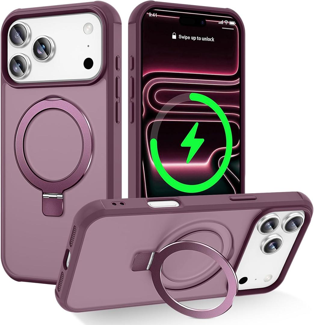 Magnetic Compatible with iPhone 17 Pro Max Case with Stand [Military Grade Drop Tested][Compatible with Magnet] Ring Translucent Slim Hard Back Soft Edge, Wine Red