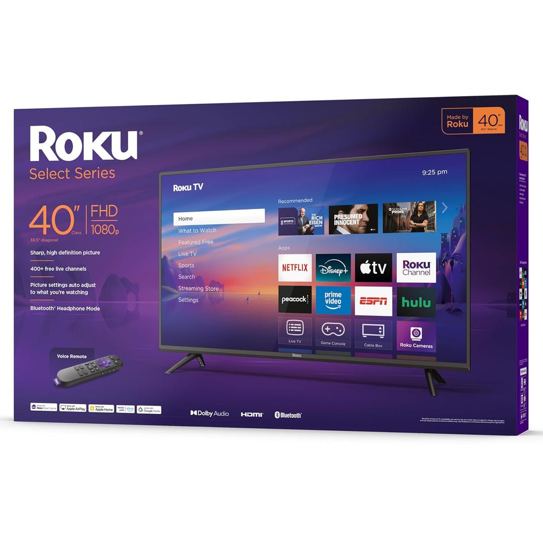 Roku Smart TV 2025  40-Inch Select Series, 1080p Full HD TV  RokuTV with Voice Remote  Flat Screen LED Television with Wi-Fi for Streaming Live Local News, Sports, Family Entertainment