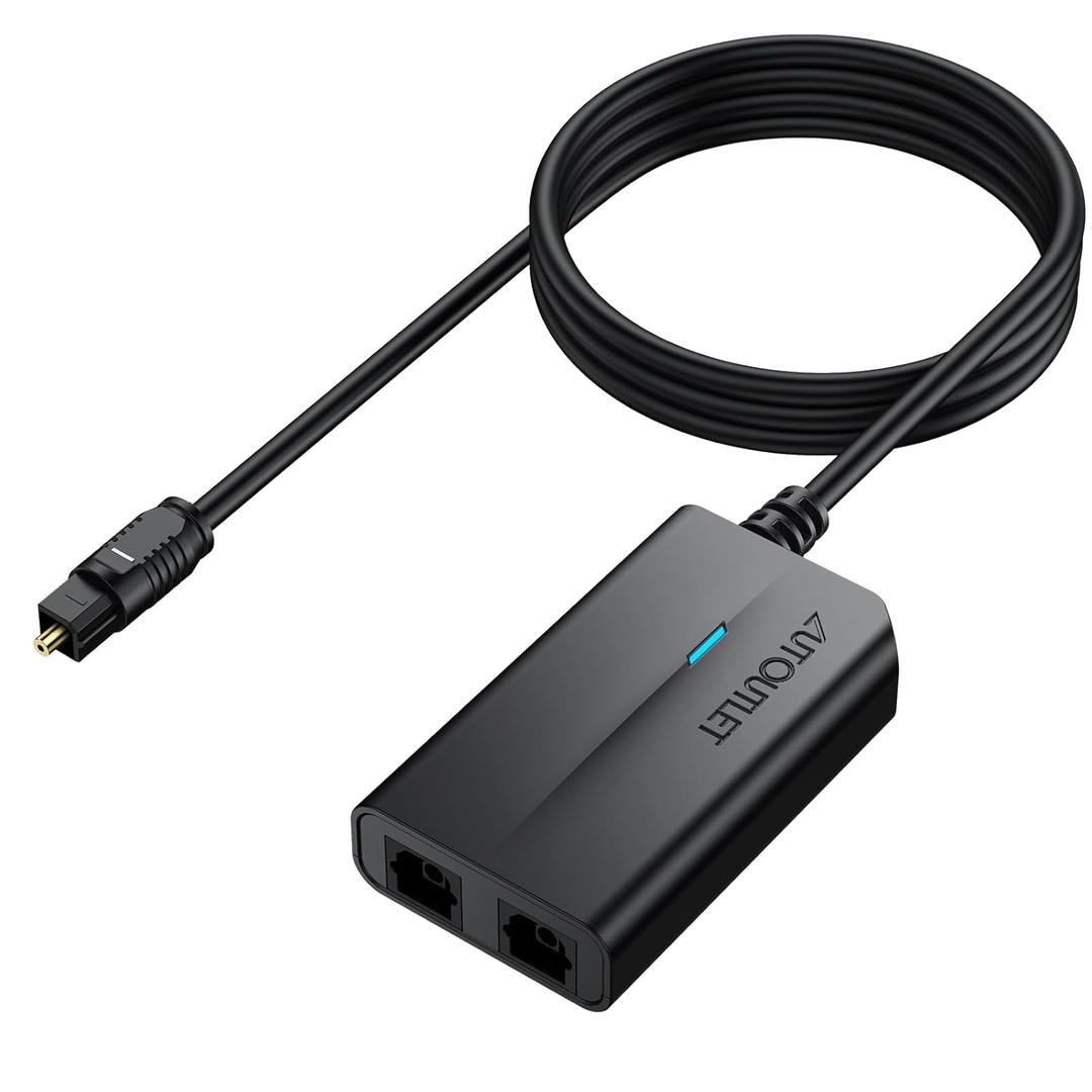 AUTOUTLET 1 in 2 Out Fiber Optic Splitter, Digital Optical Audio Splitter Supports PCM2.0, DTS, Dolby-AC3, Compatible with HDTV, PS4, Xbox & Home Theater Systems