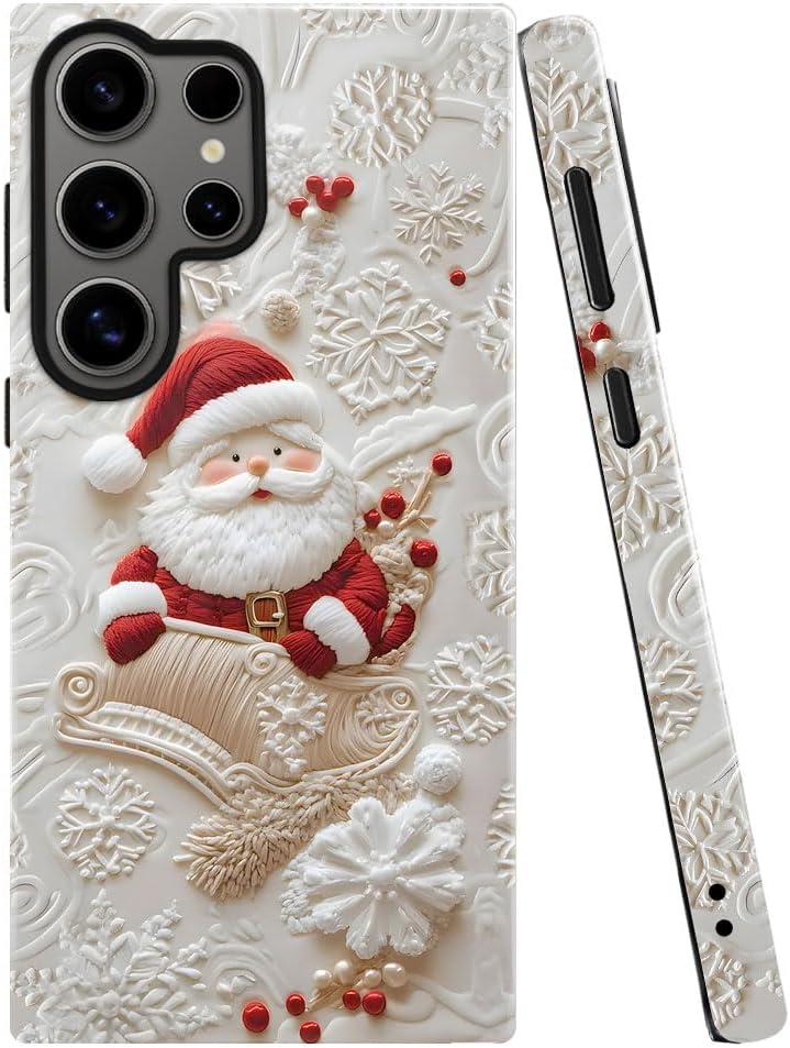Case for Samsung Galaxy S25 Ultra, White Snowflake Christmas Santa Claus Phone Case Drop Resistant Glossy 2 in 1 Solid Dual-Layer Cover for Girl Women