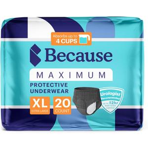 Because Premium Maximum Absorbency Adult Incontinence and Postpartum Bladder Leak Underwear for Women, Heavy Absorbency, Disposable, Black, XLarge, 20 Count