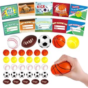 Shemira 30 Pack Valentine's Day Cards for Kids with Mini Sport Balls for School Classroom Valentine's Gifts Exchange, Squeeze Foam Balls for Valentine's Party Favors, Valentine's Prizes for Kids