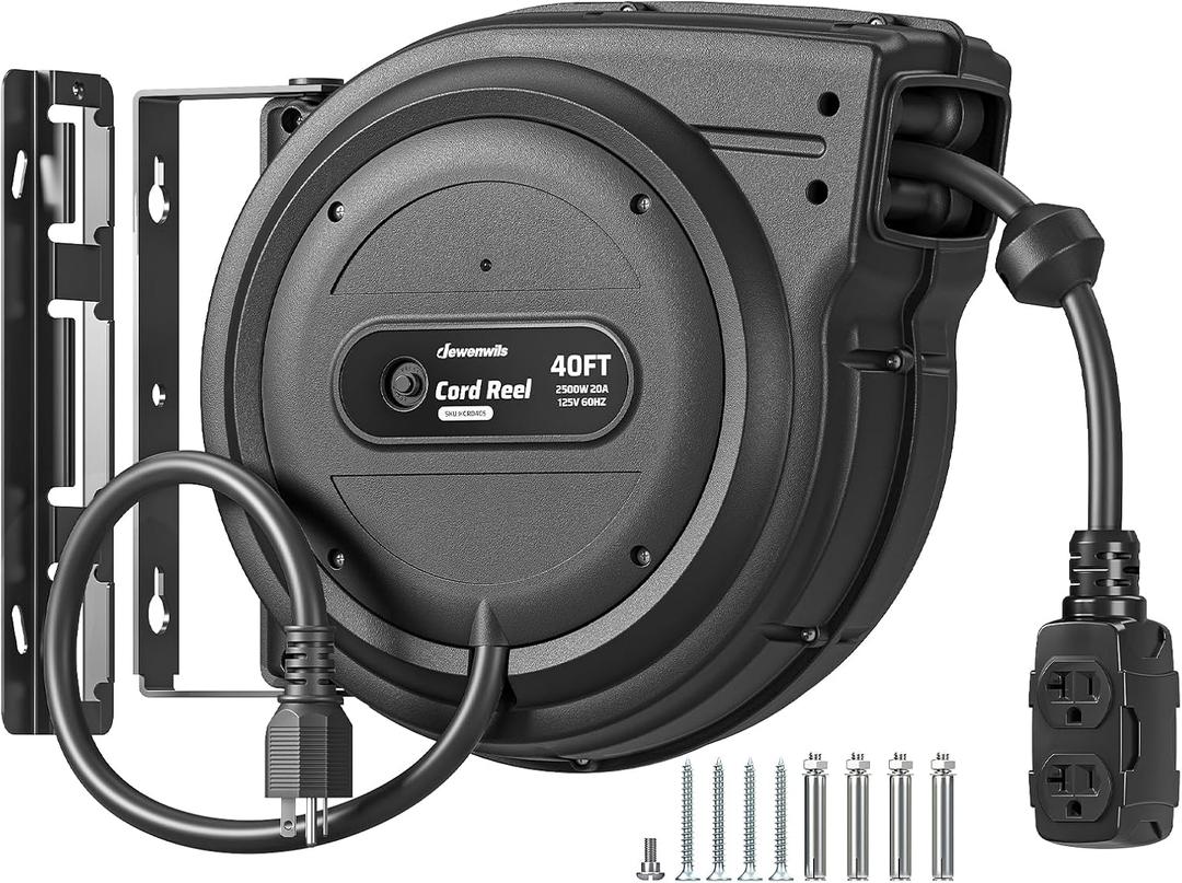 DEWENWILS 20 Amp Retractable Extension Cord Reel, Black, ETL Listed | 10AWG SJTOW Heavy Duty Electric Cord Reels, Auto-Rewind No-Tangle, 20A Circuit Breaker, 4 Outlets, 2500W