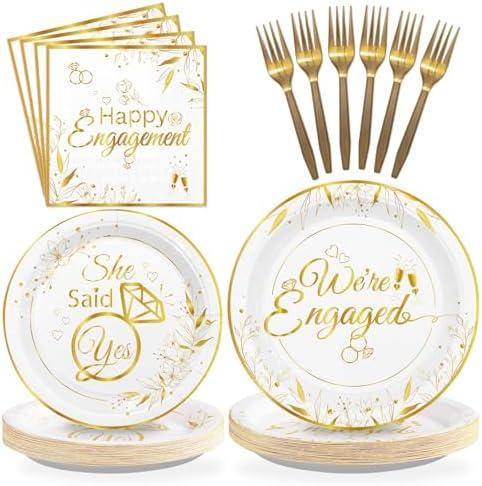 Grencian 96Pcs Happy Engagement Party Supplies White Gold Diamond Ring Plates Napkins She Said Yes Party Disposable Dinnerware for Wedding Bridal Shower Just Engaged Decoration Serve 24