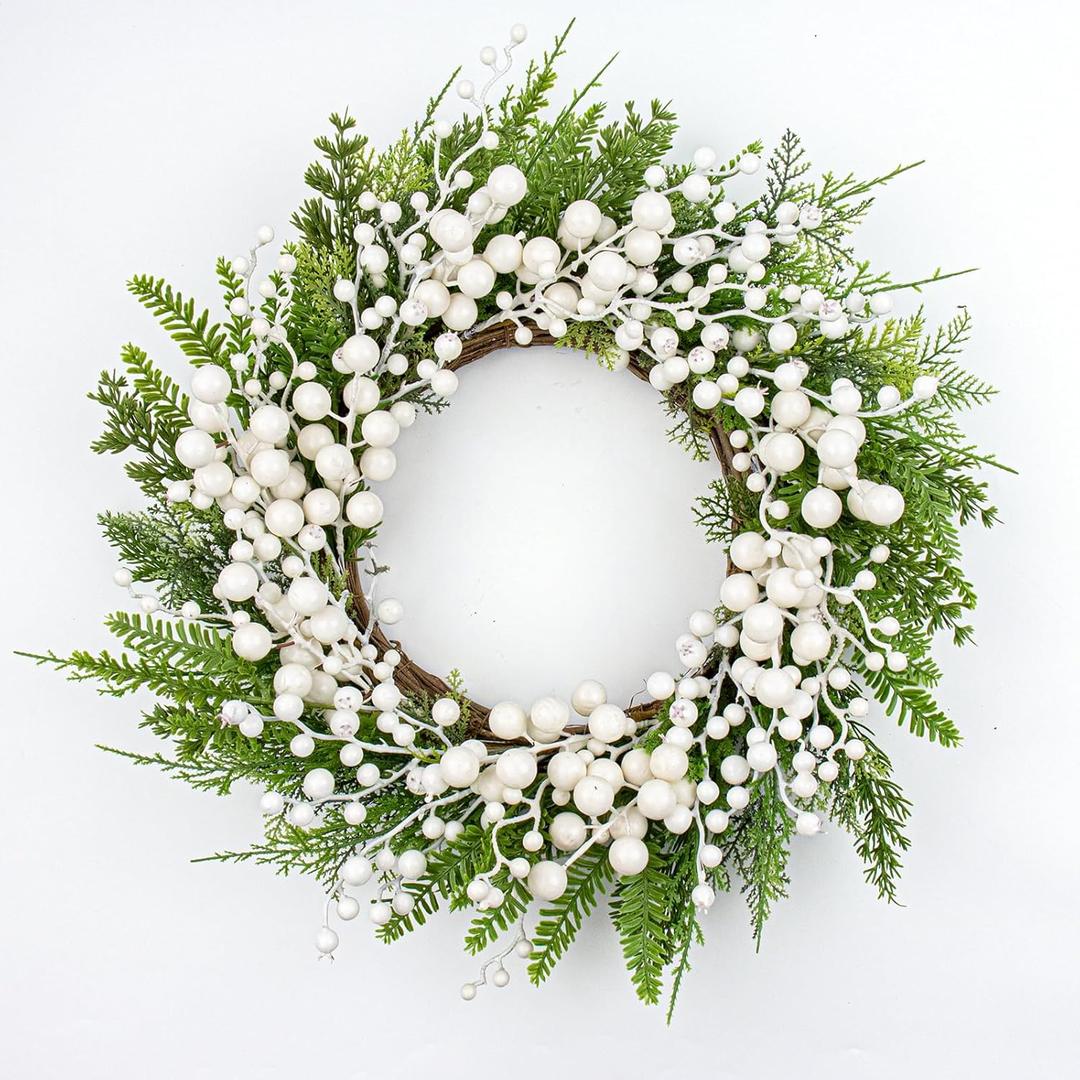 FloralElegance Artificial Winter Wreath 20 Inch White Berry Wreath Winter Wreaths for Front Door with Holly Berries for Xmas Winter Holidays