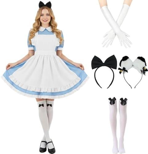 Tvnxdgl Alice Costume Women Wonderland Maid Outfit Anime Lolita Dress Halloween Cosplay Maid Apron Gloves Headband Socks Set, Size 2XL