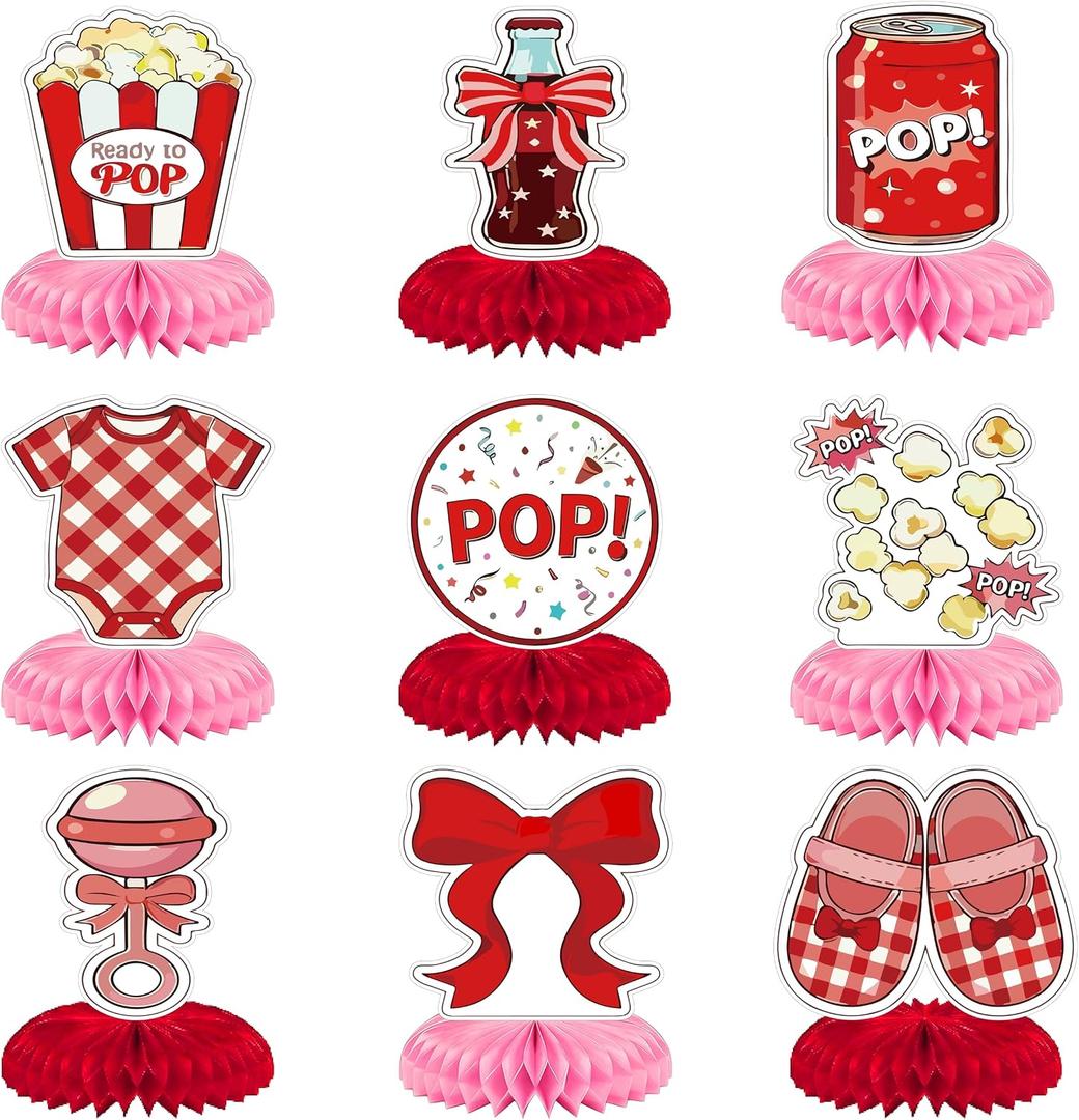 9Pcs She's Ready to Pop Baby Shower Decorations - Red and Pink Soda Pop & Popcorn Theme Honeycomb Centerpieces, She’s Ready to Pop Table Decorations for Gender Reveal, Baby Shower Party Supplies