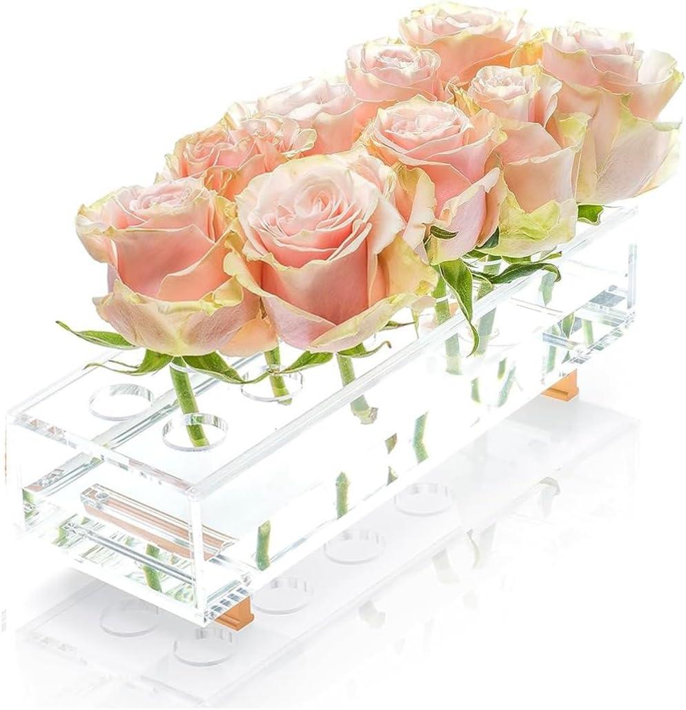 YoBa Acrylic Flower Vase Rectangular with Gold Plated Aluminum Legs, Clear Acrylic Flower Vase for Home Wedding Dining Table Decor, Gift for Your Loved Ones (Flowers not Included) (12 Holes)