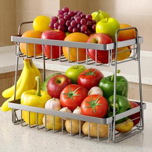 Fruit Basket for Kitchen Counter - 2-Tier Fruit Bowl with Removable Banana Hanger & Handles, Rustproof Fruit Holder for Kitchen, Living Room, Bathroom, 13.4"8.7"11.7", Silver