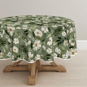 Horaldaily Spring Tablecloth 7070 Inch Round,Shabby Chic Style Muted Grayish-Green Daisy Leaves Washable Seasonal Table Cover for Party Picnic Dinner Decor