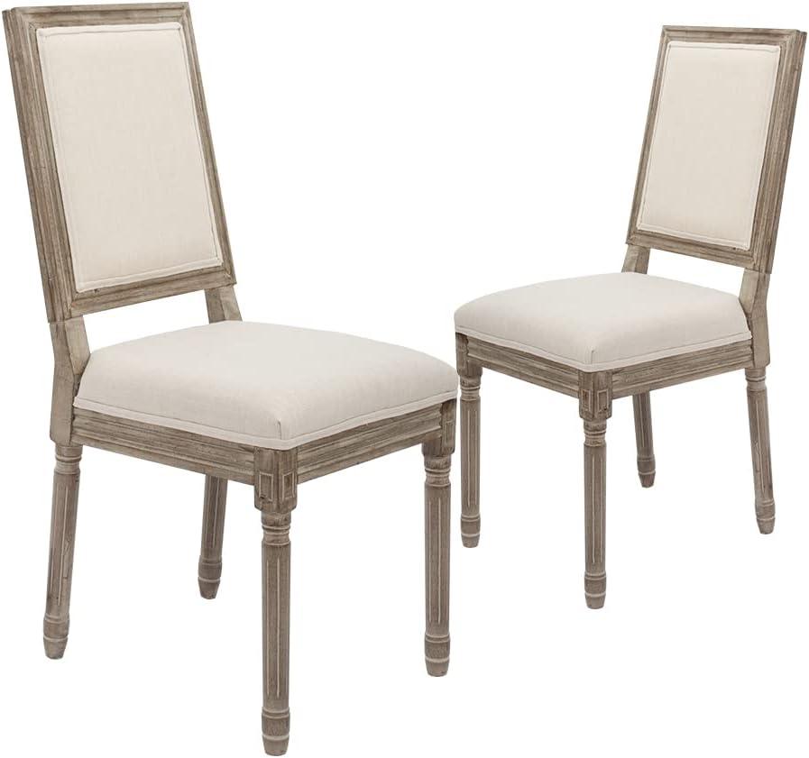 CangLong Farmhouse Dining Room Accent Chairs, Modern Distressed Bedroom Chairs with Square Back, Elegant Kitchen Chairs Side Chair, Set of 2, Fabric Back in Beige