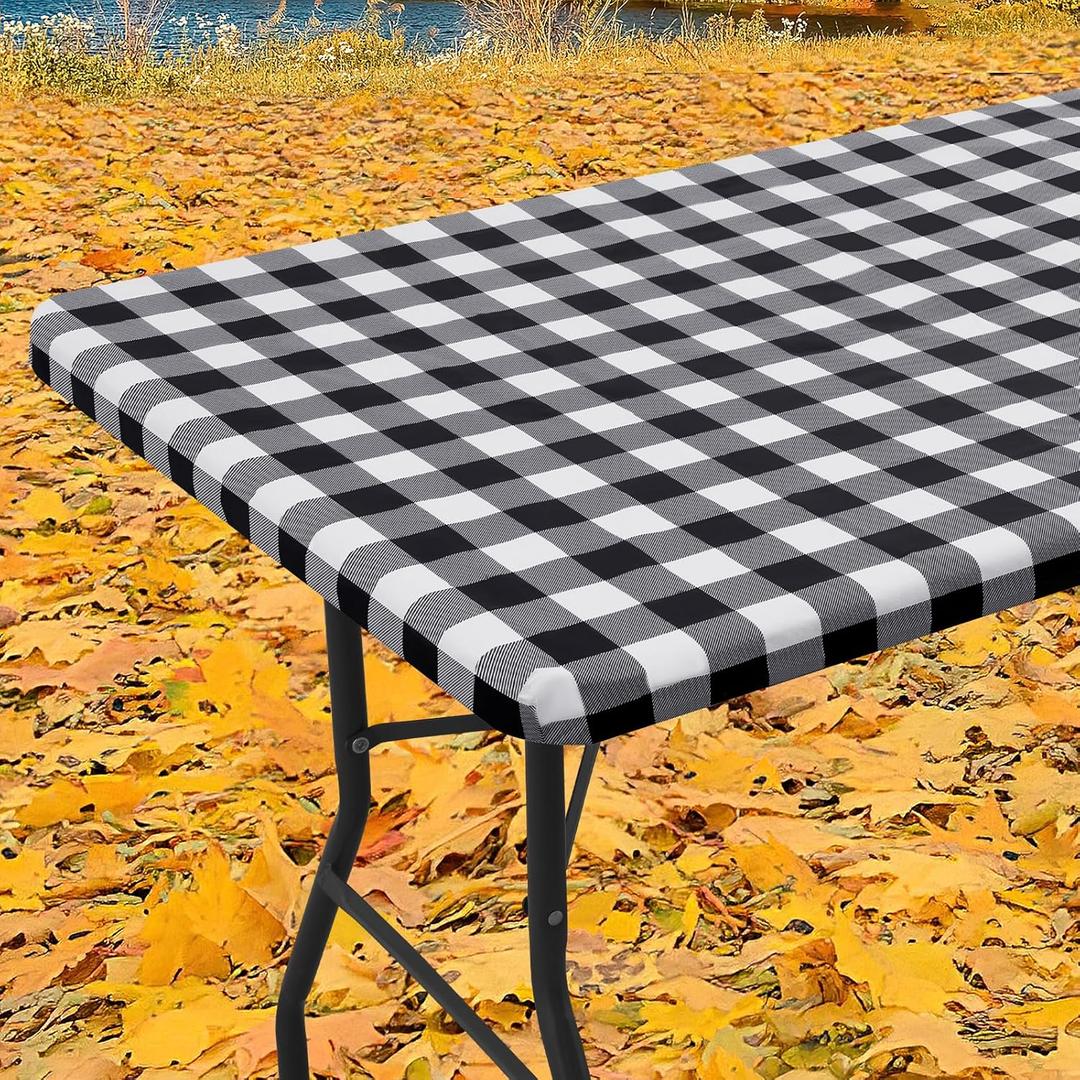 Smiry Rectangle Picnic Table Cloth, Elastic Waterproof Fitted Vinyl Tablecloths, Flannel Backed Buffalo Plaid Table Covers for Dining, Camping, Outdoor (Black and White, 30" x 60")
