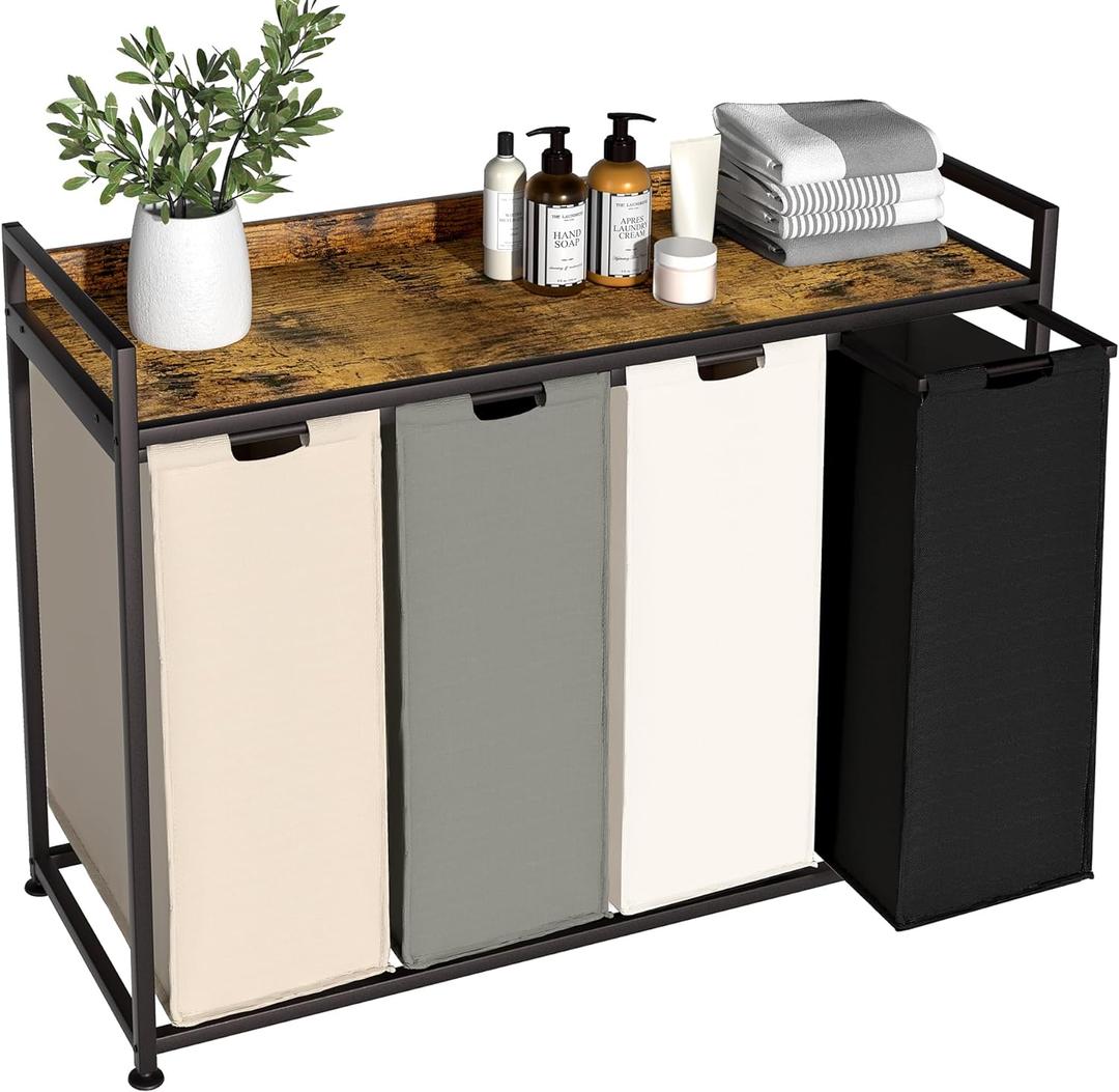 Laundry Hamper with Shelf, Laundry Basket 4 Section, Laundry Sorter with Pull-Out Removable Large 4 Color Bags and Movable Wheels, Metal Frame, 4 x 15.87 Gallons (60L), Rustic Brown PF07XLN ((4 Bags)43.7"L x 15.74"W x 33.66"H, Rustic Brown + 4-Color)
