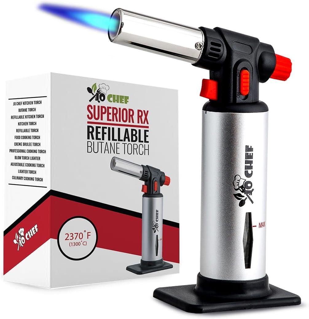 Jo Chef Butane Torch Lighter, Cooking Torch - Refillable Adjustable Flame Lighter with Safety Lock for BBQ, Baking, Brulee Creme, DIY + FREE Recipe eBook (Silver)