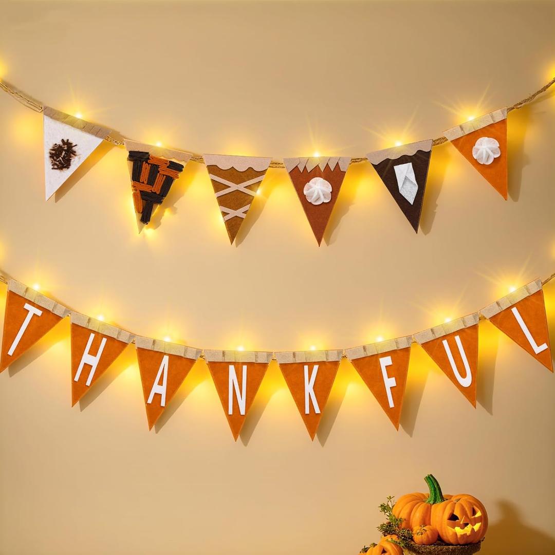 Thankful Banner Set 3D Felt Thanksgiving Garland with LED String Lights, Hanging Fall Decor for Home, Party, Mantel, Front Door, Window, Wall(Pumpkin Pie)