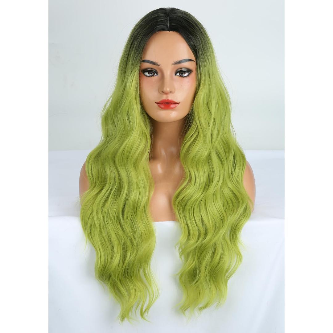 MAGQOO Matcha Green Wig for Women Girls Dark Roots Long Curly Wavy Black Green Wigs Middle Part Synthetic Heat Resistant Halloween Cosplay Costume Party Daily Use