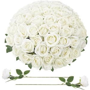 90 Pcs White Velvet Rose Artificial Flowers with Long Stems, Fake Silk Roses Real Touch Fake Roses Florals for Birthday Wedding Bouquet Party Arrangement Decorations