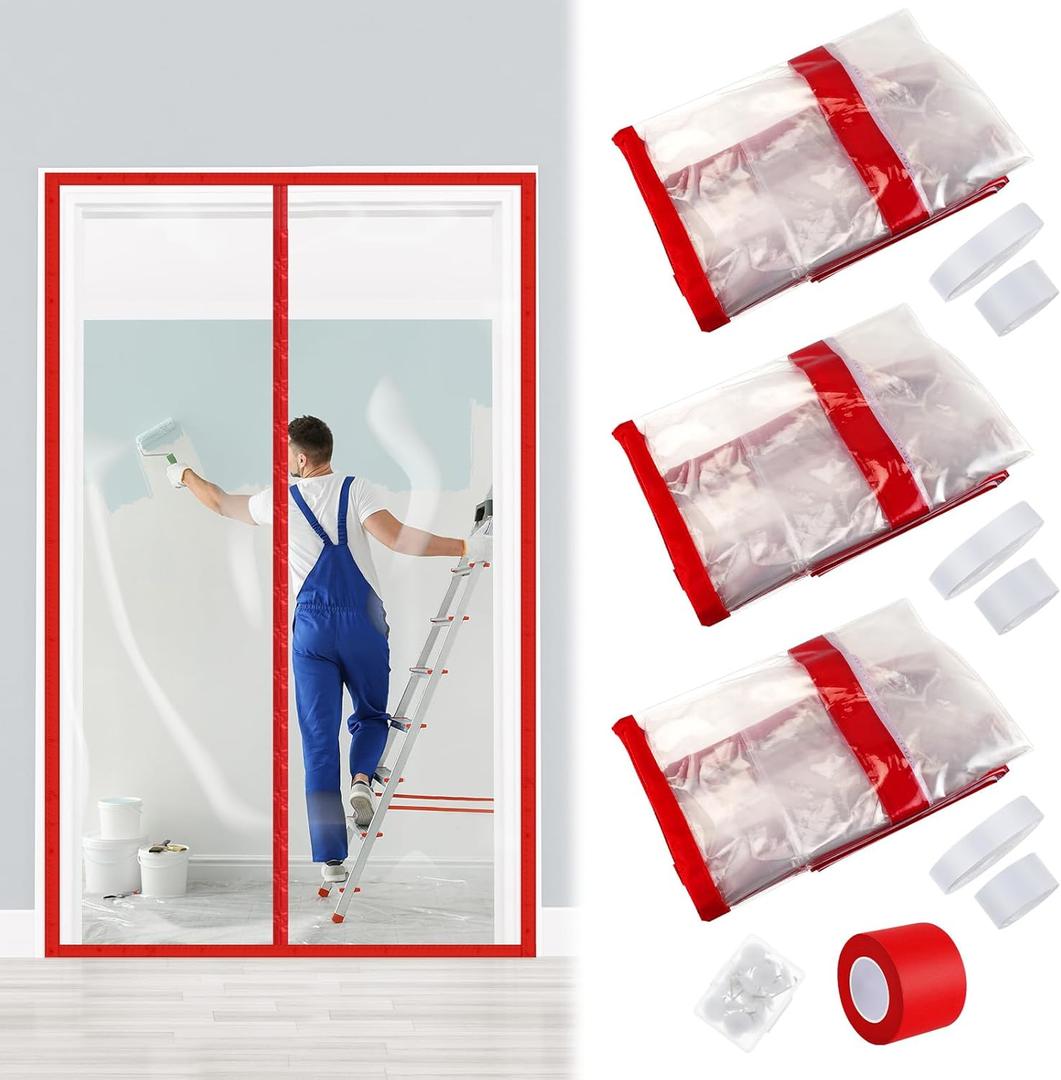 Preboun 3 Sets Magnetic Dust Barrier Zipper Door Kit 4' x 7.5' Construction Plastic Dust Barriers Plastic Door Curtain for Construction Self Closing Curtain for Doorways Room (Red)
