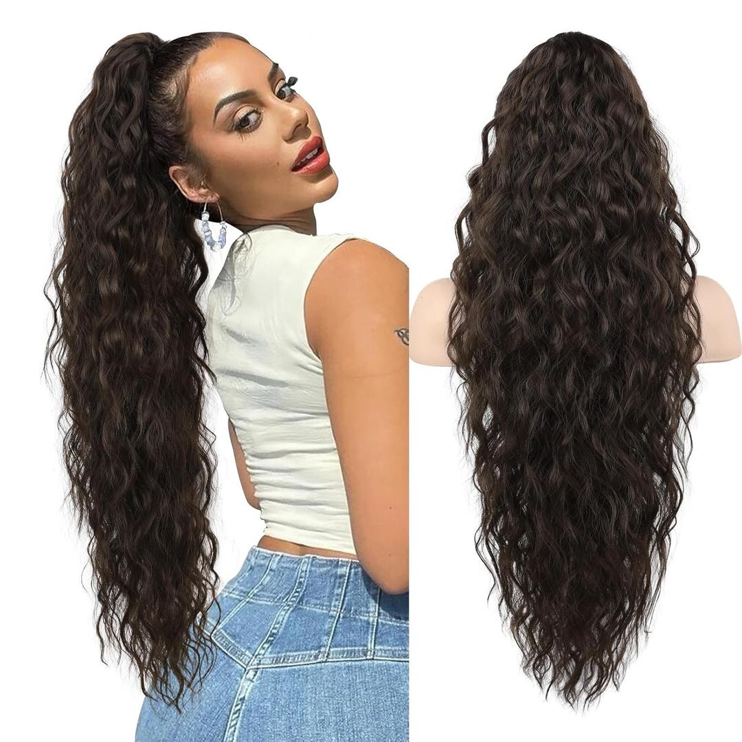 SEIKEA Ponytail Extension, 30" Lightweight Extra Fluffy Claw Clip Hair Extensions Long Wavy Curly Multi-layered Clip in Fake Pony Tails Natural Soft Synthetic Hairpiece Black Brown