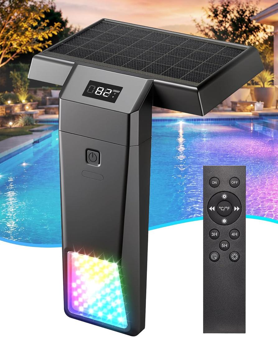 Solar Pool Lights for Inground & Above Ground Pools, Color Changing LED Underwater Pool Lights with Remote, Real-Time Temperature Display, Dimmable IP68 Waterproof Swimming Pool Lights with Timer