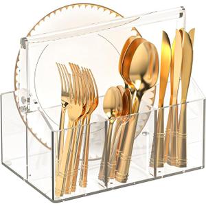 Acrylic Utensil Caddy.Silverware Organizer & Utensil HolderHeavyDuty Countertop Cutlery Caddy for Spoons, Forks, Knives, Napkins, Plates | SpaceSaving Table, Buffet, Picnic Party Essential