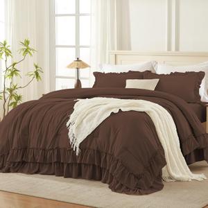 Andency Brown Queen Comforter Set (90x90Inch), 3 Pieces Lightweight Fluffy Ruffle Bedding Comforter Sets for Queen Bed, Farmhouse Shabby Chic Soft All Season Bed Set