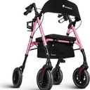Lightweight Rollator Walker with Seat & Backrest - Foldable Mobility Aid for Seniors, 8" Airless Tires, Adjustable Height, 300 lbs Capacity, 4 Wheel Rolling Walkers for Seniors Pink