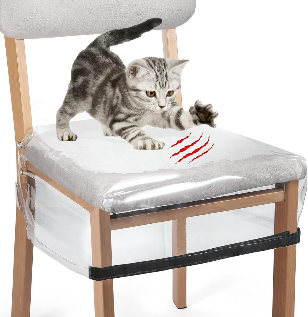 6 Pack Plastic Chair Covers for Dining Room Chairs, Stain, Water and Kitty Scratch Resistant Clear PVC Chair Protector with Adjustable Belt Strap for Most 18"- 20" Standard Chair