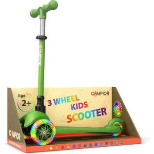 Green Mini 3 Wheel Scooter for Kids  Lean-to-Steer with LED Light-Up Wheels, Adjustable Handlebar, Wide Anti-Slip Deck, Smooth PU Wheels, Rear Foot Brake  Toddler Scooter for Ages 2+