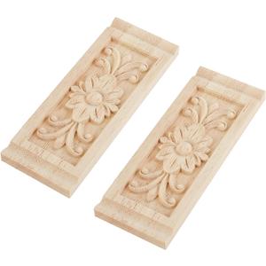 SUPERFINDINGS 2PCS Rectangle with Flower Wood Carving Decal 6.3x2.4inch Unpainted Home Furniture Applique Decor Natural Solid Wood Carved Onlay for Furniture Door Wall Ornamental