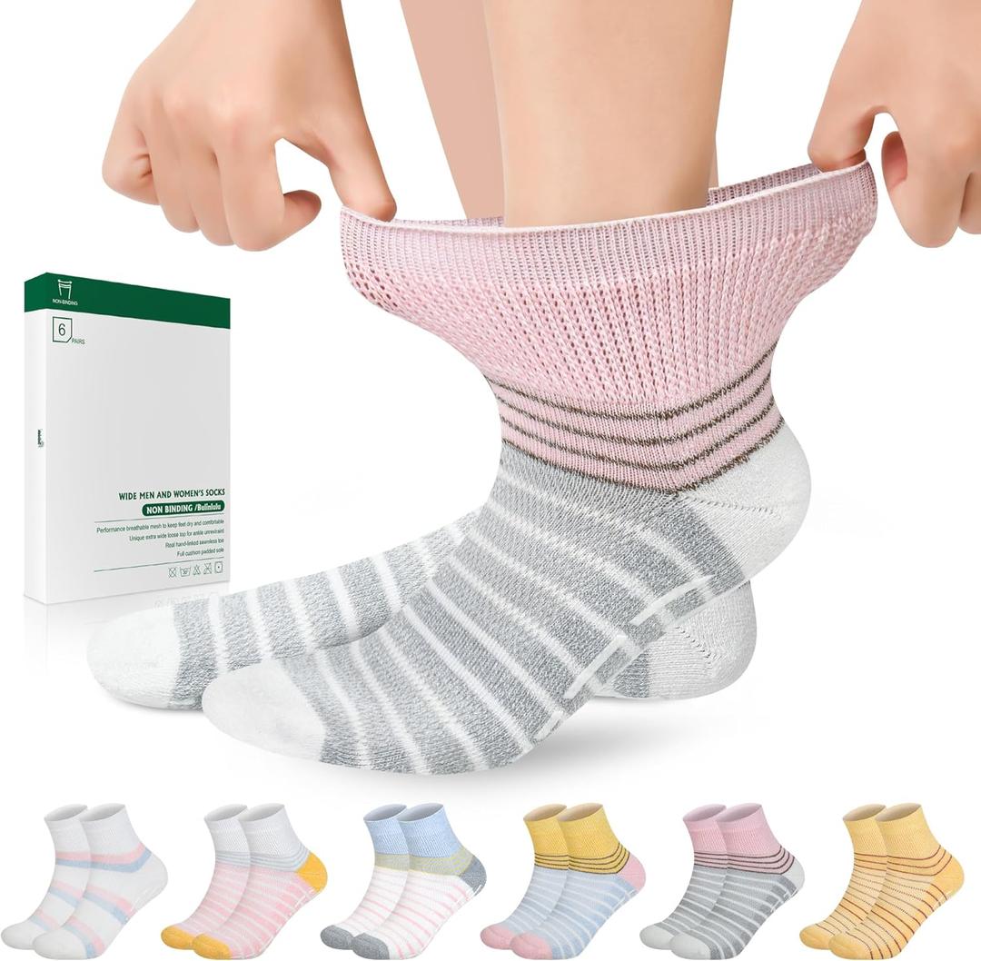 Bulinlulu Bamboo Viscose Diabetic Socks with Grippers for Men Women -6 Pairs Non Binding Ankle Slipper Socks Size 6-9 9-12 (Medium, Pink Stripe/Light Blue Stripe/Blue Stripe/White Stripe a/White Stripe B/Yellow Stripe)