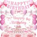 Pink Bow Party Decorations – Bow Theme Happy Birthday Banner, Tablecloth, Balloons & Supplies for Girls or Women Celebrations