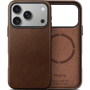 Genuine Leather Case for iPhone 17 Pro Max 6.9 inch, Oil Wax Full-Grain Leather, Compatible with MagSafe, Metal Buttons and Camera Bezel (Rustic Brown)