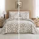 Chezmoi Collection Oversized Bedspread 128x106, Jacquard Matelasse Floral Damask Design, 5-Piece Lightweight Reversible Microfiber Bedding Coverlet Set for All Season, Oversized King, Taupe/White