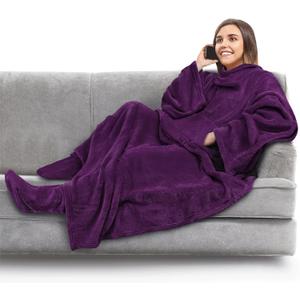 PAVILIA Fleece Blanket with Sleeves, Foot Pockets for Women Men Adults, Plush Wearable Blanket Throw Wrap, Warm Snuggle Blanket Robe, Cozy Gift Ideas Wife Mom, Dark Purple