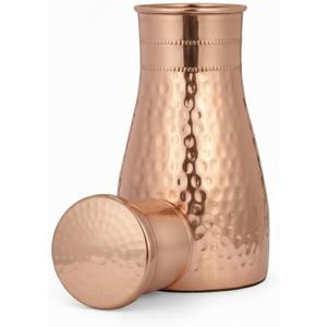 Handmade Pure Copper Carafe Pitcher with Lid 40oz, Hammered Copper Water Bottle for Ayurvedic Health Benefits, Wide Mouth Vessel