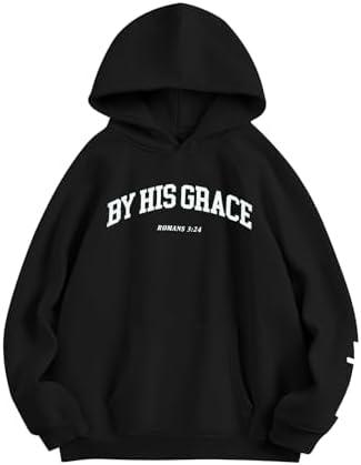 FAYALEQ Christian Sweatshirt By His Grace Letter Print Hoodie Christian Religious Sayings Sweater Bible Pullover Tops XL