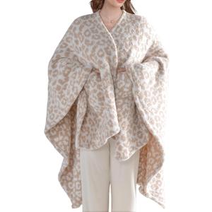 JOOJA Wearable Blanket Super Soft Feather Yarn Blanket Shawl with Pockets Fuzzy Throw Blanket TV Blanket for Adults Teens (Cheetah Beige)