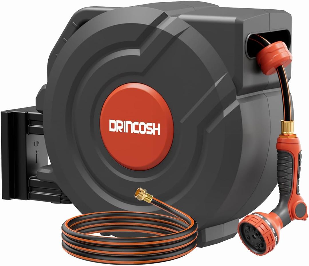 Retractable Garden Hose Reel 90 ft 5/8 inch Automatic Rewind with Any-Length Lock 9 Pattern Nozzle Sprayer 180 Swivel Wall-Mounted Hose Reel for Home Yards