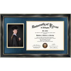 GraduationMall 11x19 Black Diploma and Photo Frame for 8.5x11 Certificate,5x7 Picture,Tempered Glass,Navy Blue over Gold Double Mat