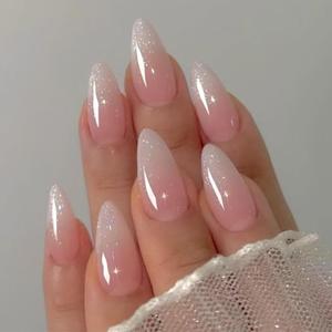 Ombre Acrylic Press on Nails Almond Medium Acrylic Nails Press Ons Full Cover Glue on Fake Nail with Silver Glitter Designs Pink Ombre Artificial Stick on False Nail for Women