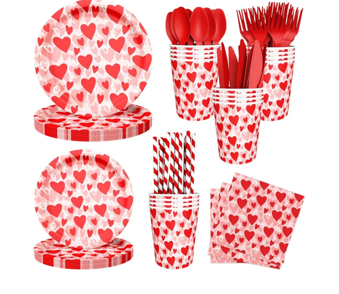 25pcs Valentine's Day Party Decorations Lovely Heart Valentines Day Party Plates, Cup, Napkin, Tableware, Valentines Day Engagements Weddings Anniversary Party Supplies Plates Serve 25Guests