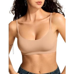 Vertvie Womens Wireless Bralettes Cami Bras Unlined Seamless No Underwire No Padding Scoop Neck Comfort T Shirt & Sports Bra (Medium, Warm Nude)