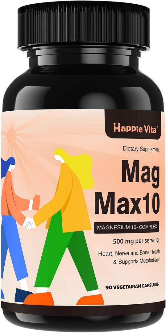 MagMax10 Magnesium Complex Supplement 500mg, 10 Forms of Magnesium: Glycinate, Malate, Citrate and More - Maximized Absorption for Sleep, Muscle, Heart and Brain Health - 90 Capsules, Expiry: 03/20/2026