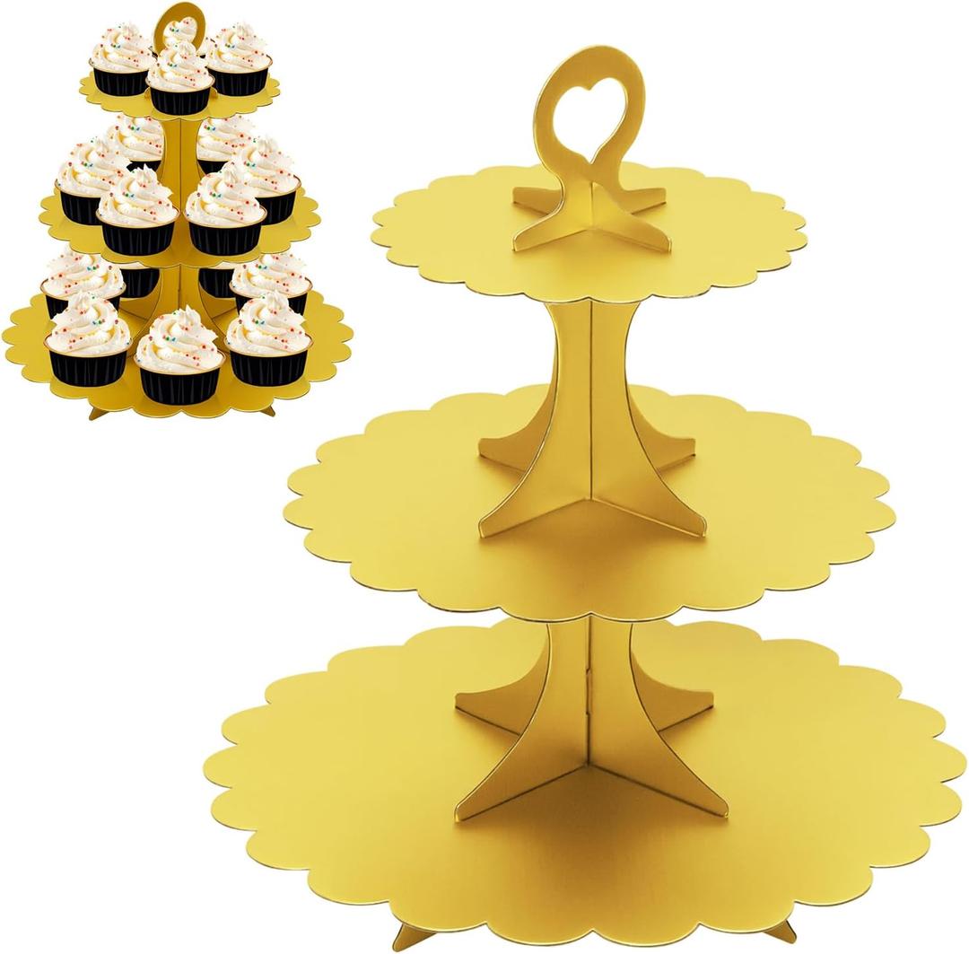 Matte Gold Cupcake Stand, 3-Tier Heart Handle Cardboard Dessert Display Tower, Perfect for Wedding Birthday Party Decorations, Gold 2 Pack