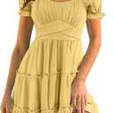 Caracilia Womens Dresses Summer 2025 Short Sleeve Square Neck Mini Dress Babydoll A-Line Ruffle Flowy Casual Beach Clothes (Medium, Yellow)