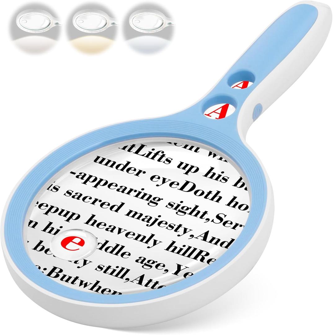 Large Magnifying Glass with Lights,10X 25X 45X 60X Handheld Illuminated Lighted Magnifier, 5in Page Reading Magnifier with 12 LED Lights for Seniors Reading, Coins, Jewelry, Close Work - Blue
