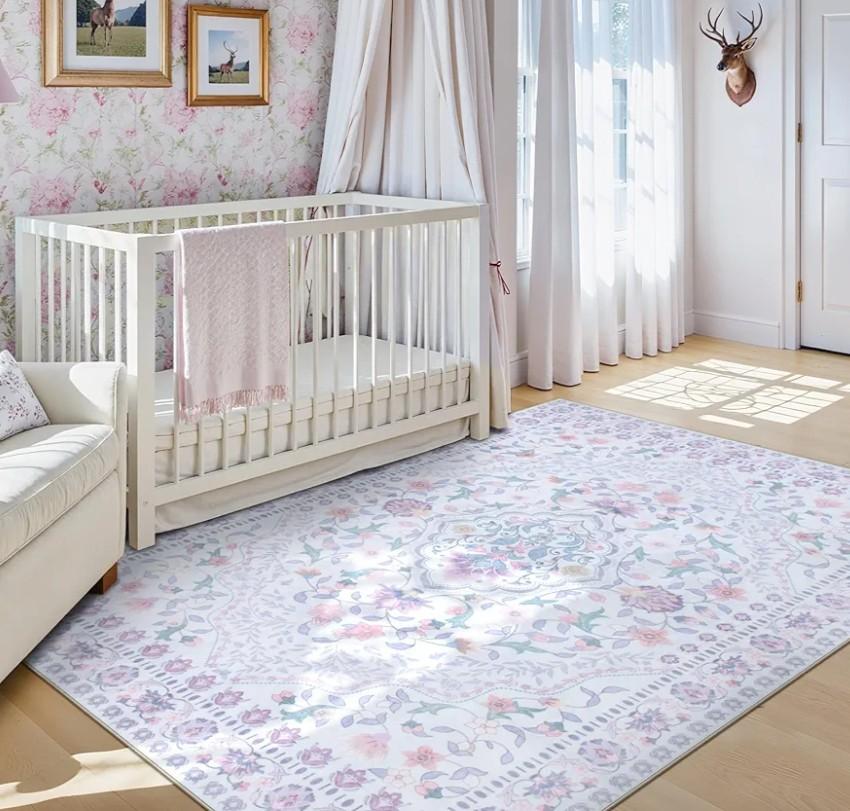 Wonnitar Floral Purple Rug for Nursery, Washable 5x7 Kids Rug, Boho Ultra-Thin Soft Non Slip Vintage Carpet for Bedroom Dorm Living Room Playroom Office, Pale Purple